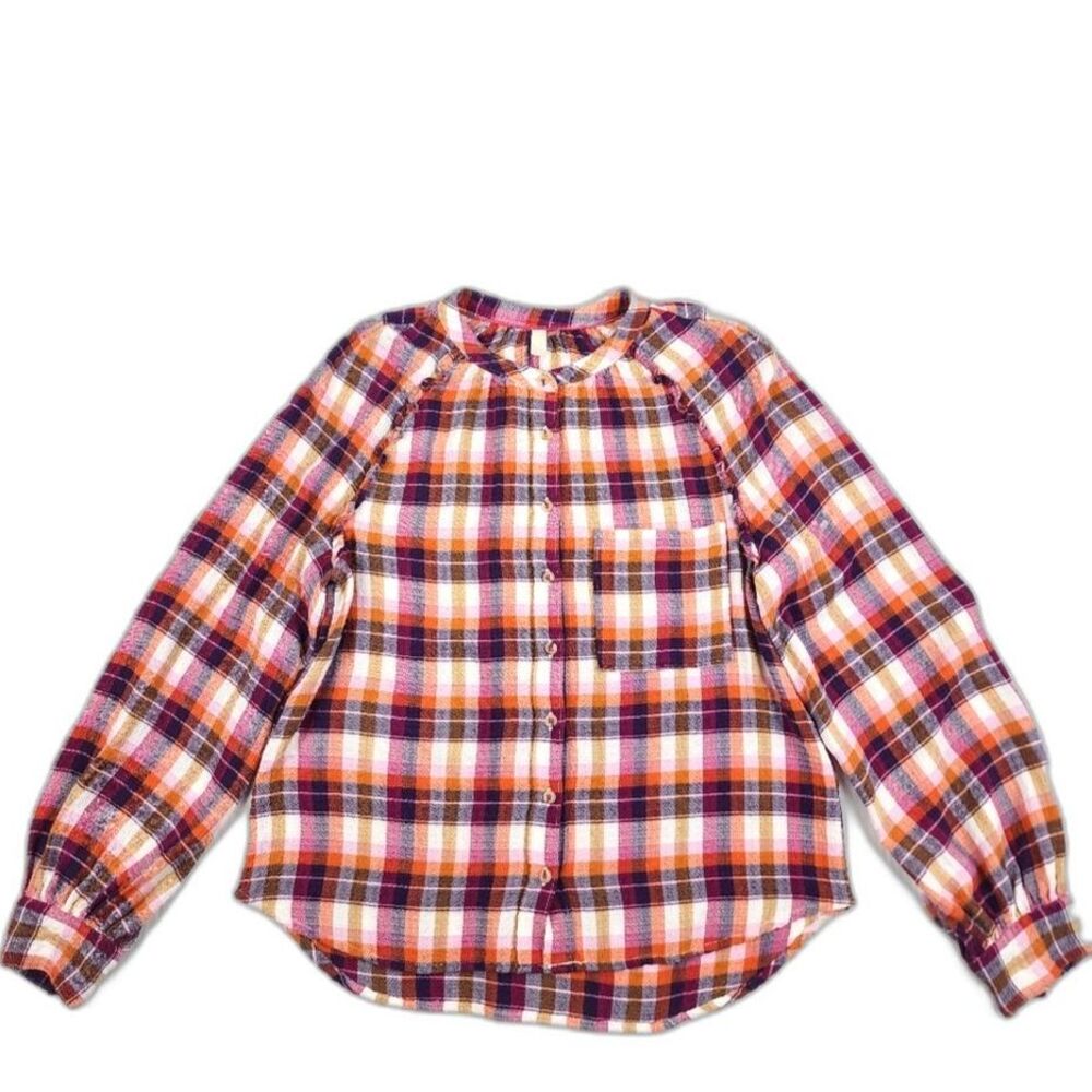 Anthropologie Pilcro Breezy Button Front Plaid Ruffle Blouse Top Shirt - Picture 4 of 16